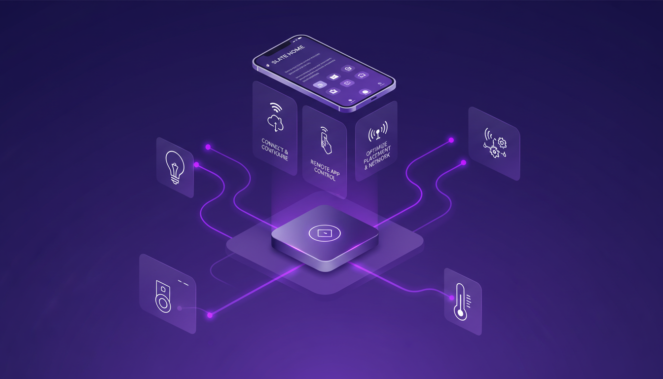 Illustration moderne de l'utilisation des appareils intelligents avec des interrupteurs connectés, contrôlés via application, en dégradés violet.