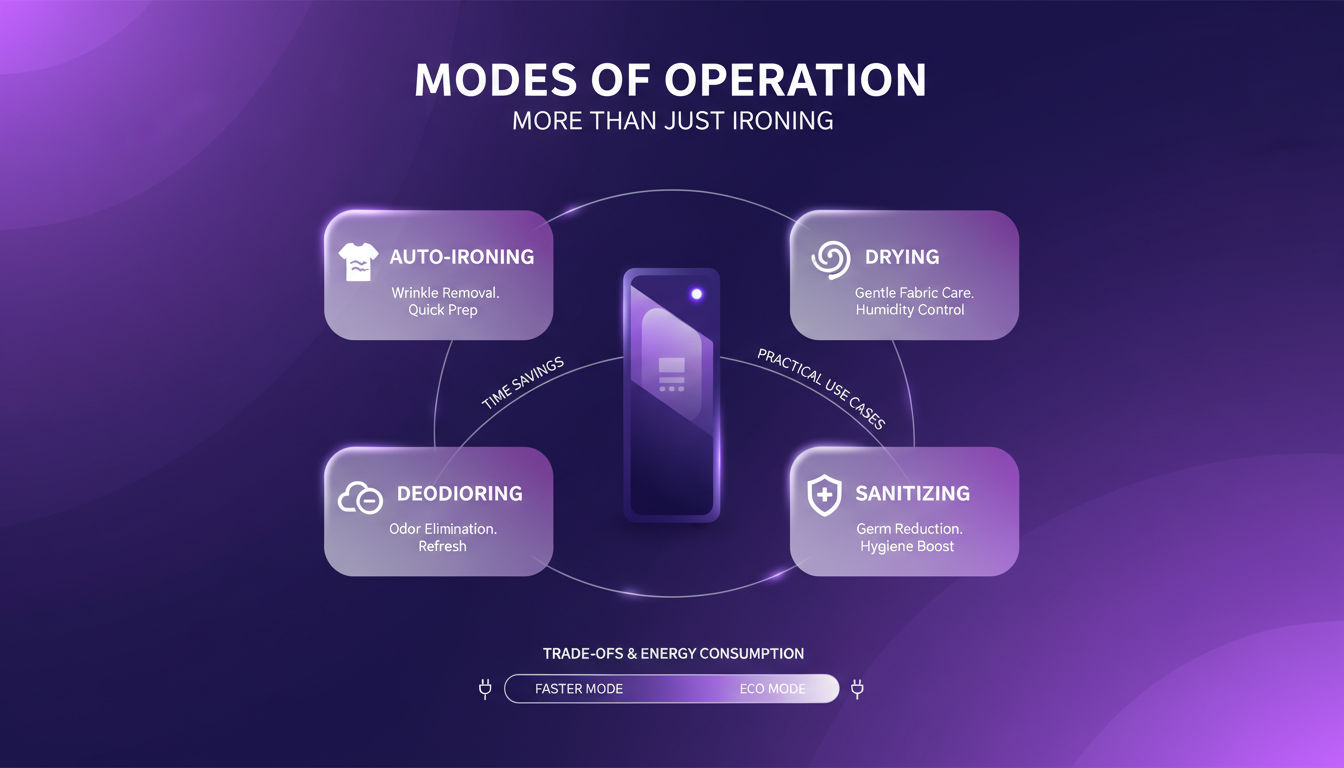 Modern illustration of auto ironing, drying, deodorizing, and sanitizing modes, minimalist and innovative design.