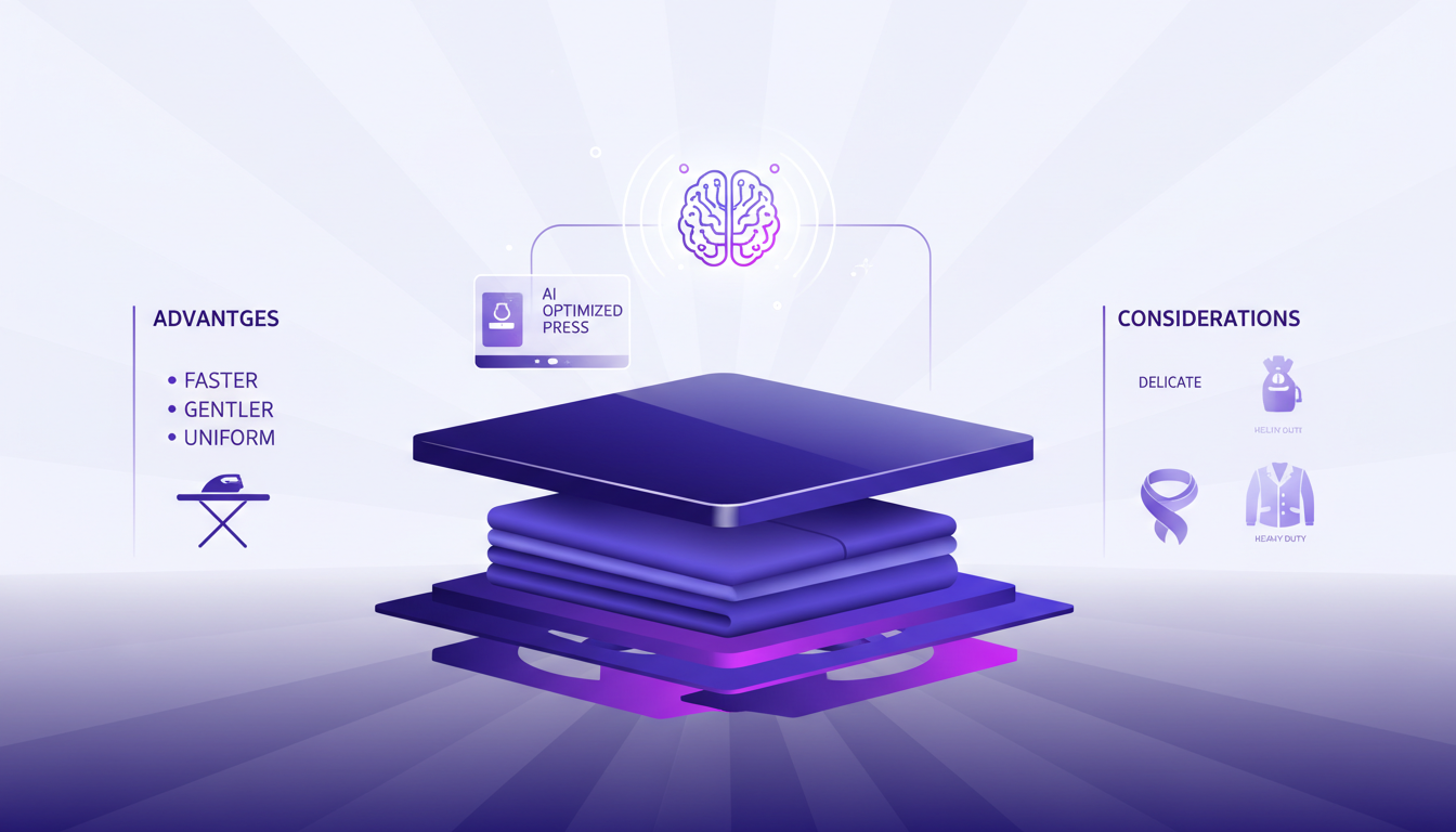 Modern illustration of weight mechanism flattening clothes, highlighting efficiency on delicate and heavy fabrics with AI technology.