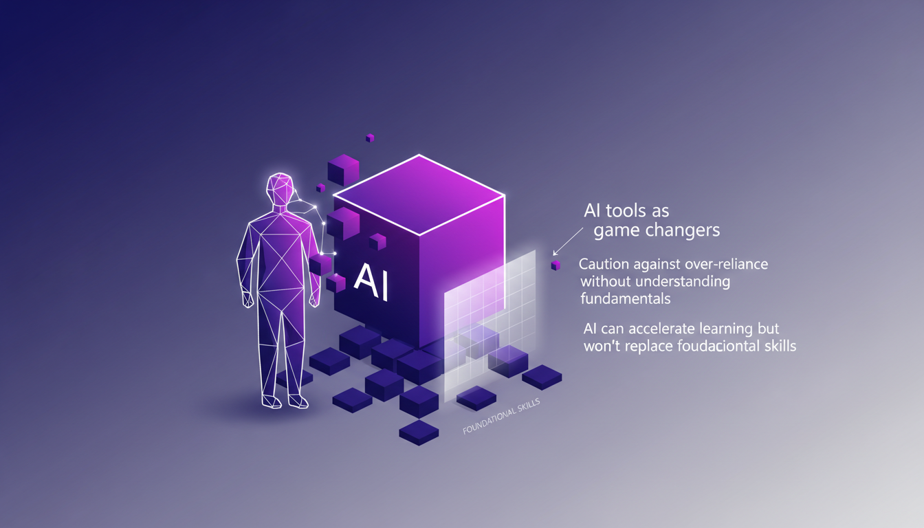 Illustration moderne de jeunes ingénieurs utilisant des outils d'IA, soulignant l'importance des compétences fondamentales, palette indigo et violet.