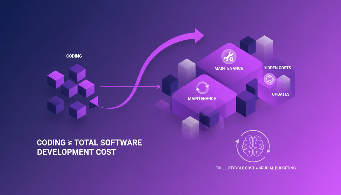 Illustration moderne montrant l'analyse des coûts: codage vs développement logiciel, soulignant les coûts cachés et l'importance du budget.