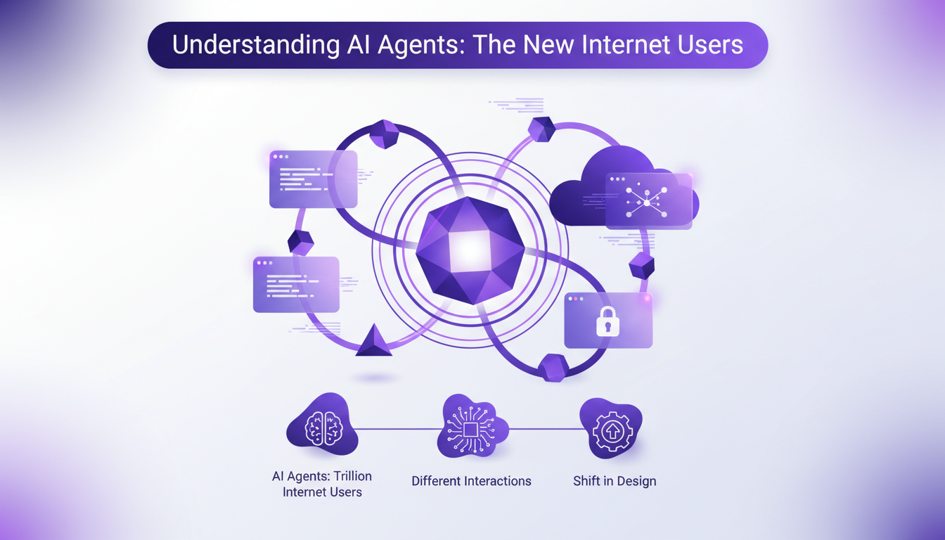 Modern illustration of AI agents as new internet users, featuring geometric shapes and indigo-violet gradients.