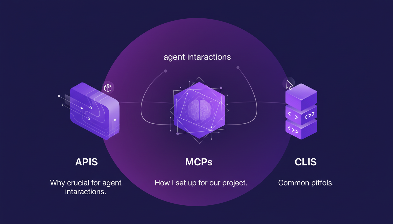Modern illustration of machine-readable interfaces: APIs, MCPs, CLIs, featuring geometric shapes and indigo-violet gradients.