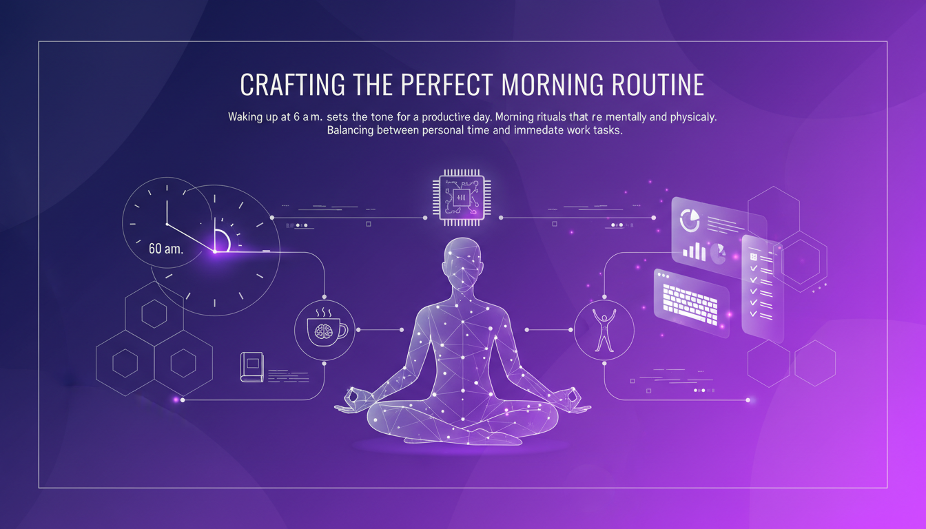 Illustration moderne de routine matinale parfaite, réveil à 6h, rituels matinaux, équilibre travail-vie, palette indigo et violet.
