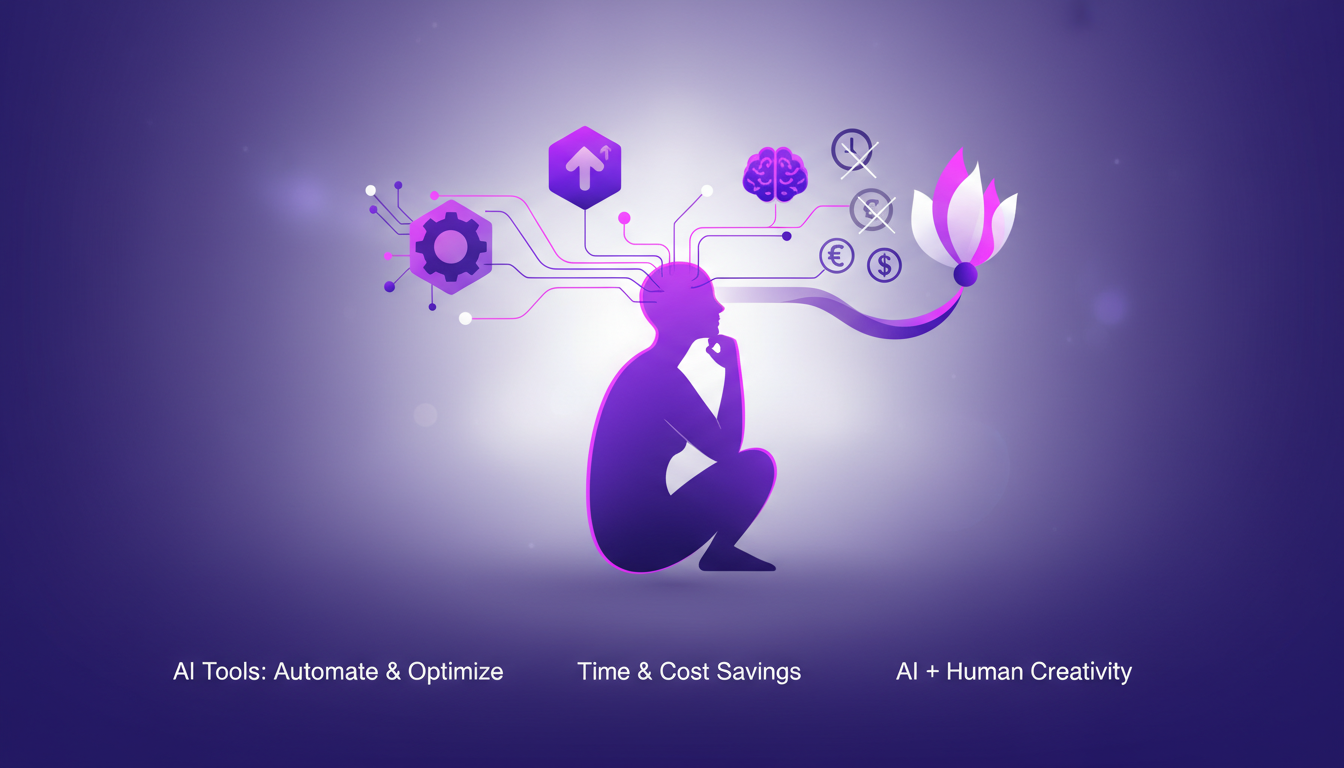 Illustration moderne de l'IA améliorant la productivité, intégrant des formes géométriques et dégradés dans des tons indigo et violet.