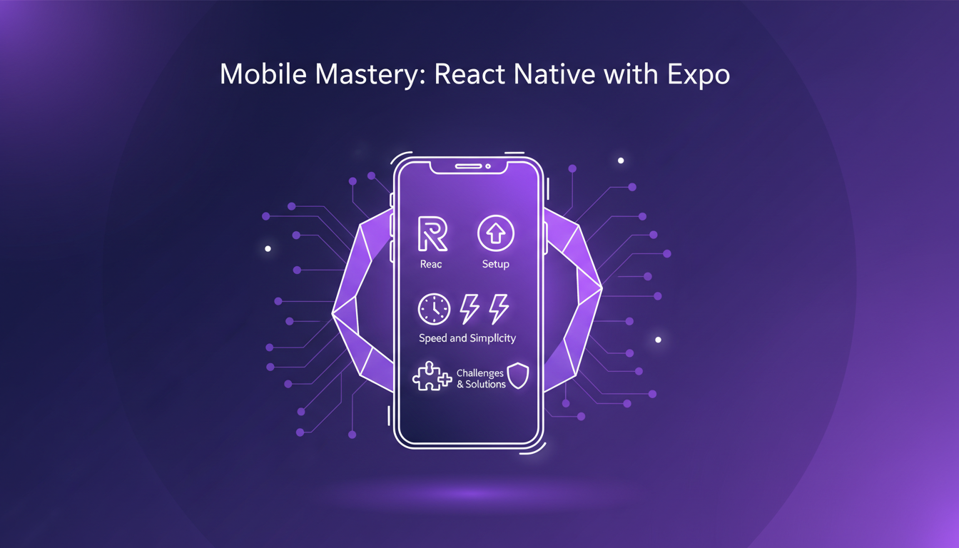 Modern illustration of mobile mastery with React Native and Expo, featuring geometric shapes and subtle gradients