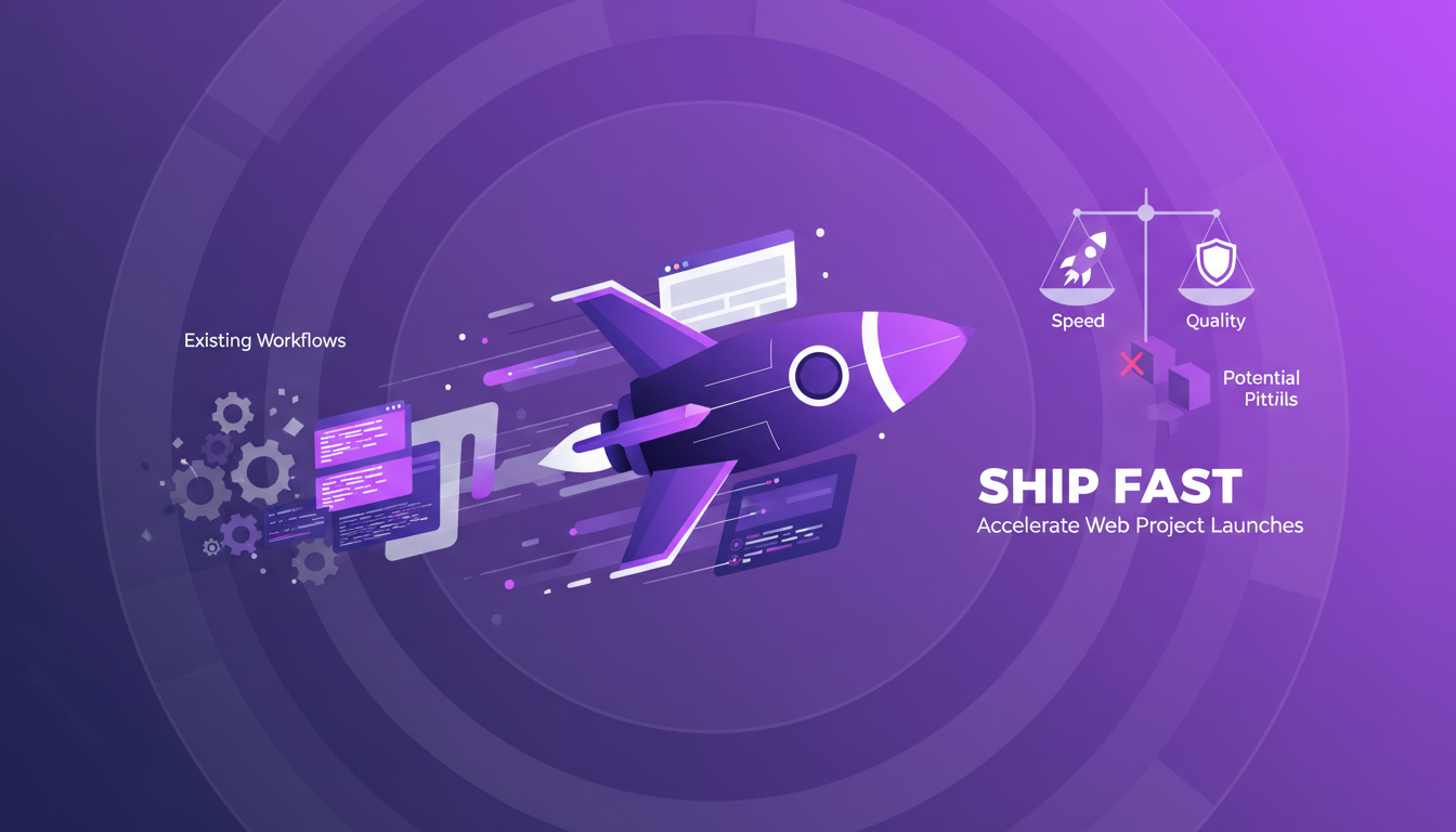 Modern illustration of Ship Fast accelerating web launches, seamless integration, balancing speed-quality, AI technology focus