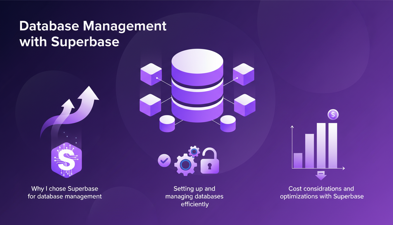 Modern illustration of database management with Superbase, featuring geometric shapes and gradients, indigo-violet color palette