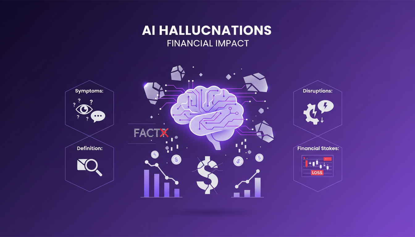 Modern illustration of AI hallucinations and financial impact, featuring geometric shapes and violet gradients, highlighting technology.