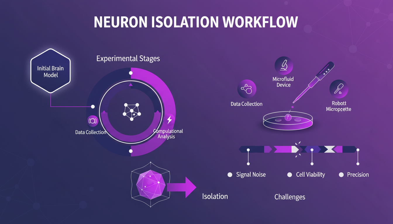 Modern illustration of experiments and methodologies to isolate problematic neurons, featuring geometric shapes and violet gradients.
