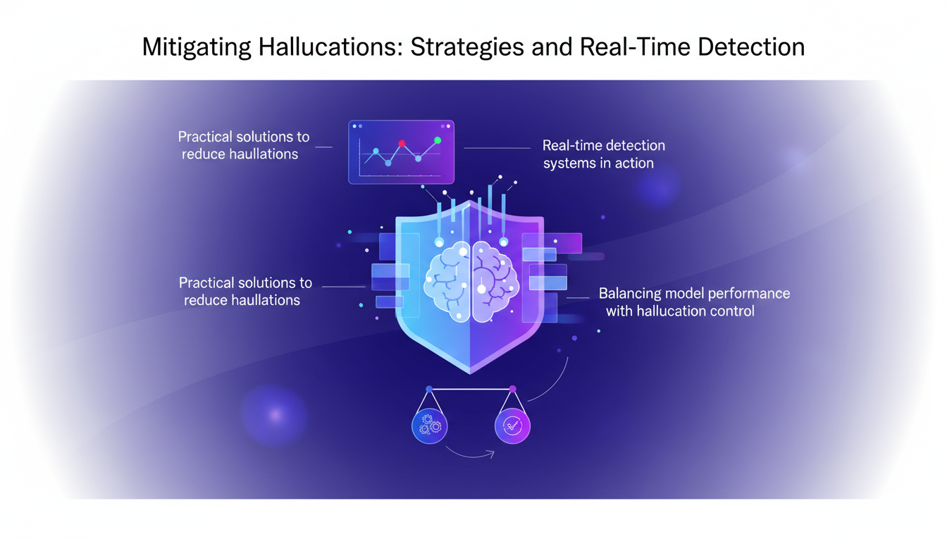 Modern illustration of strategies to mitigate hallucinations with real-time detection, AI technology, geometric shapes, gradient overlays.