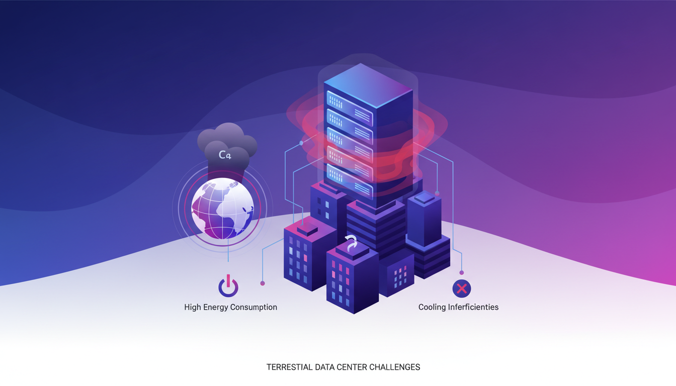 Illustration moderne des défis des centres de données terrestres : inefficacité du refroidissement, contraintes d'espace urbain, empreinte carbone.