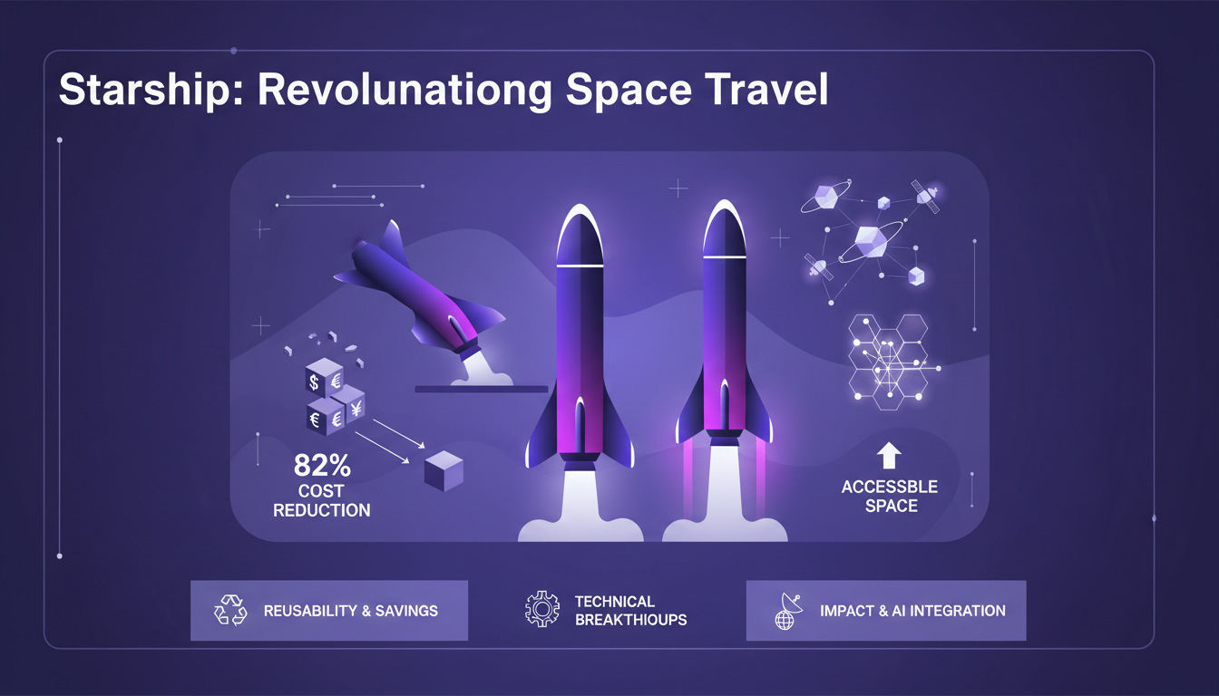 Illustration moderne du Starship, soulignant sa réutilisabilité et son potentiel économique, avec une palette indigo et violet.