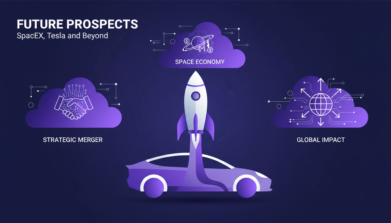 Illustration moderne de SpaceX et Tesla, fusion potentielle, économie spatiale multi-billions, impact économique, style minimaliste.