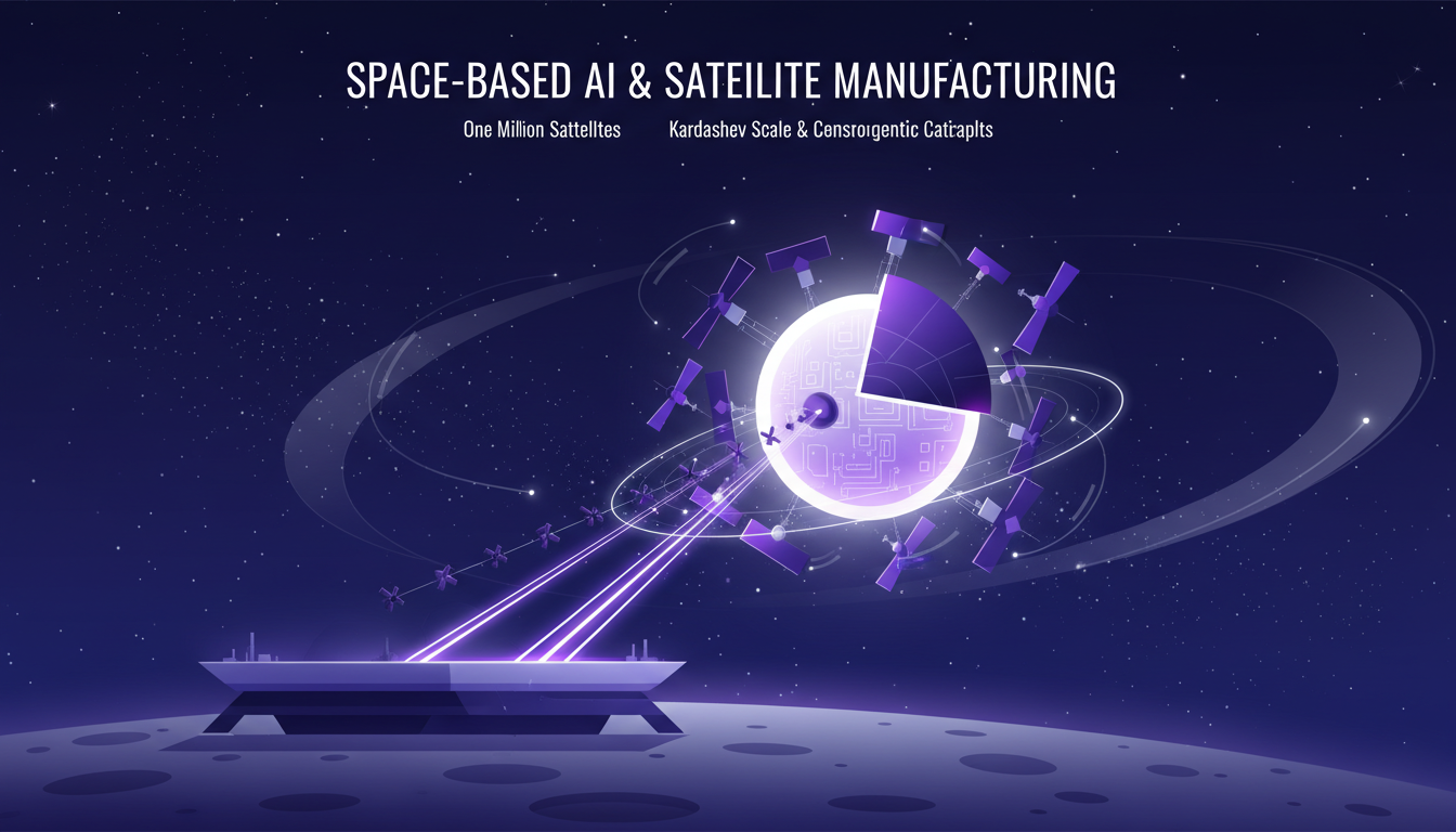 Modern illustration of space-based AI and satellite manufacturing with indigo and violet hues, depicting SpaceX's plan for 1 million satellites.