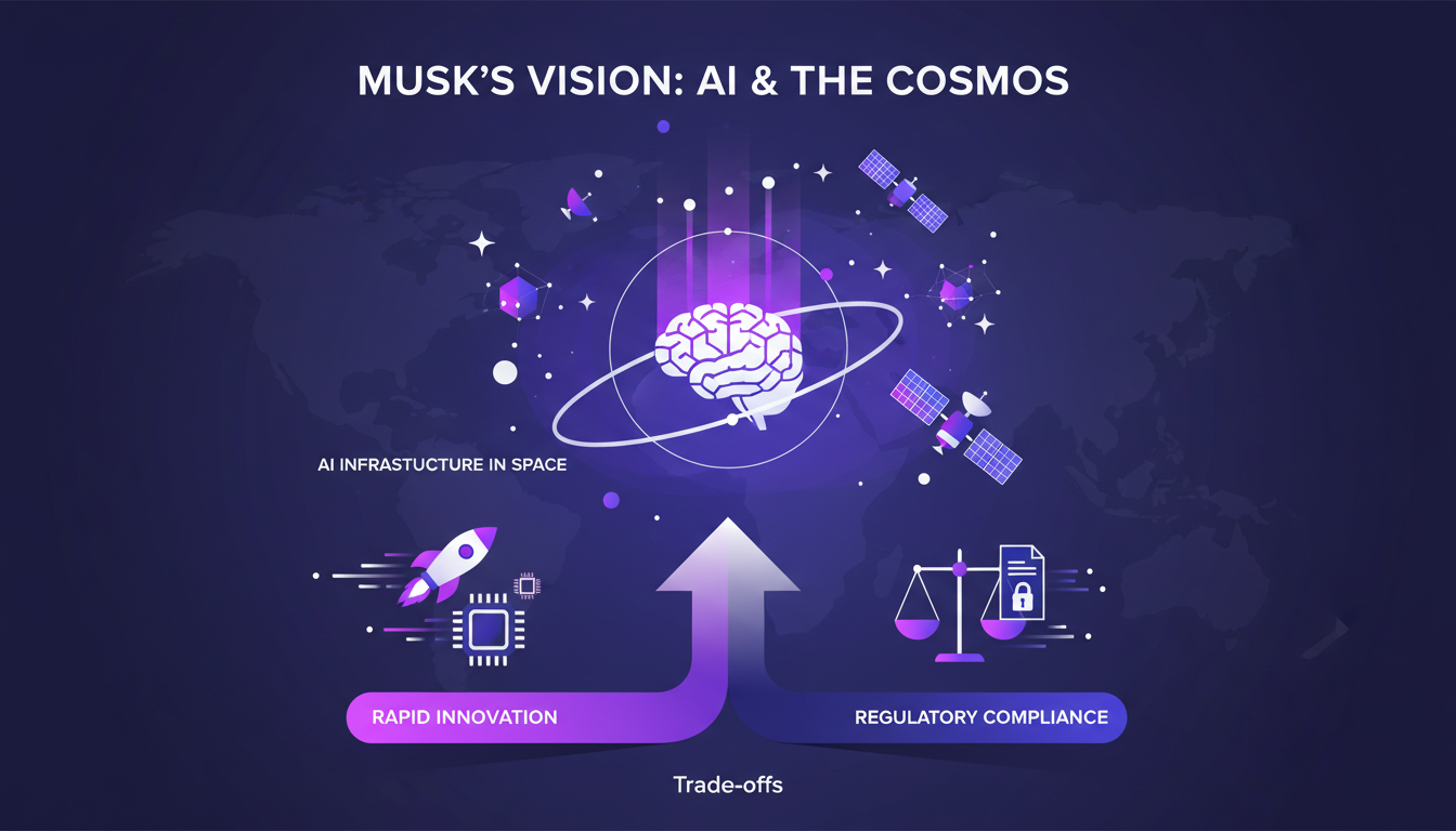 Modern minimalist illustration of Elon Musk's vision for AI in space, global tech impact, rapid innovation, deep indigo palette.