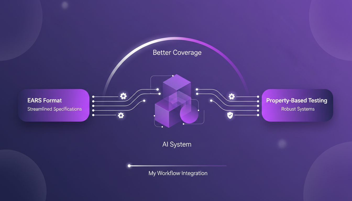 Illustration moderne sur le format EARS et les tests basés sur les propriétés pour des systèmes IA robustes.