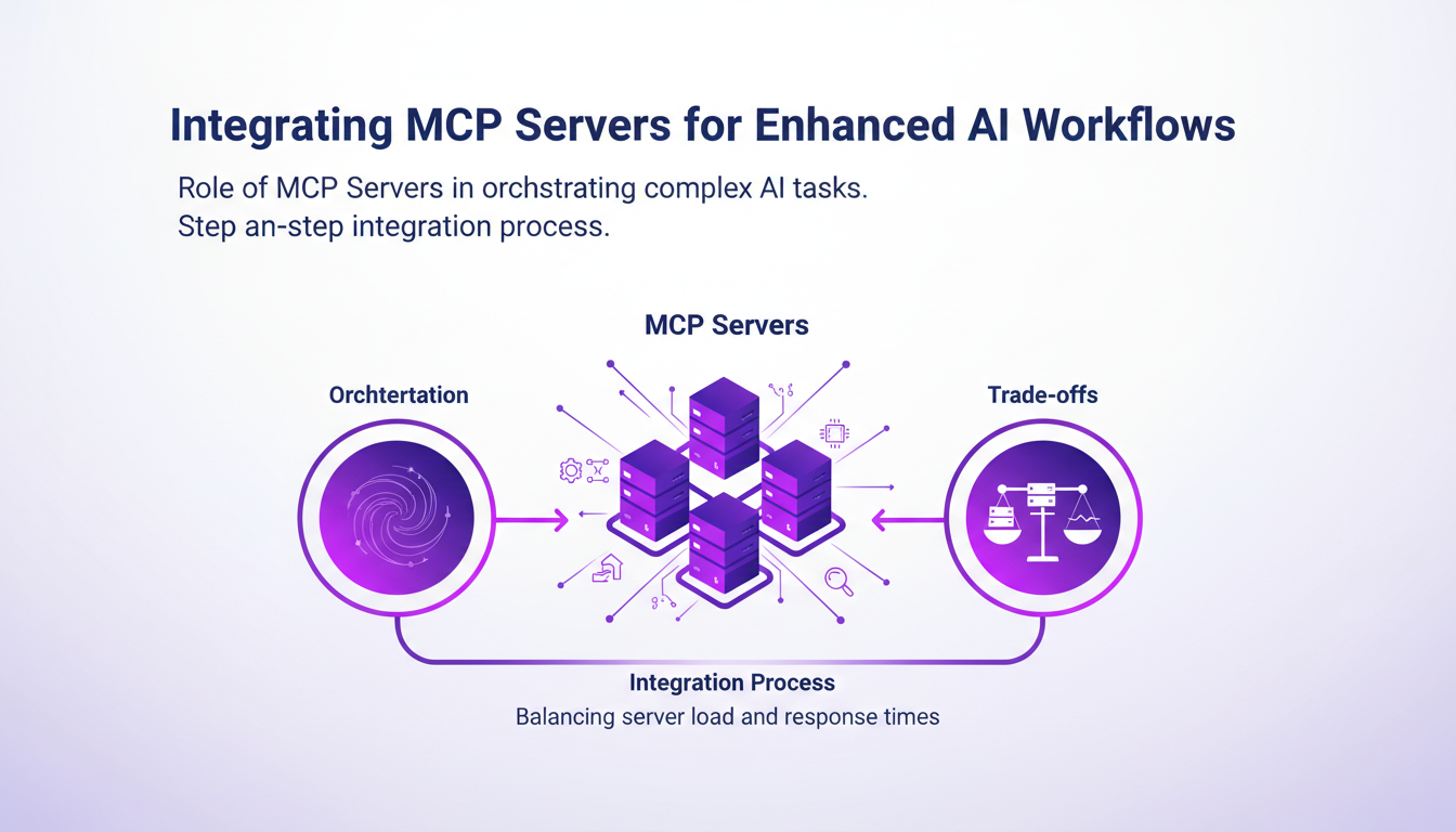 Illustration moderne des serveurs MCP intégrant des flux de travail IA, mettant en valeur l'orchestration des tâches complexes avec des dégradés indigo et violet.