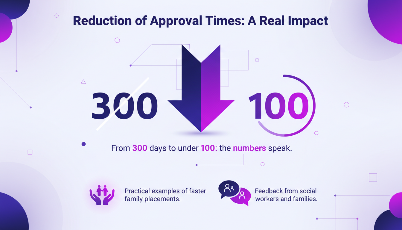 Modern illustration of reducing approval times from 300 to under 100 days, featuring geometric shapes and gradient overlays in deep indigo and violet.
