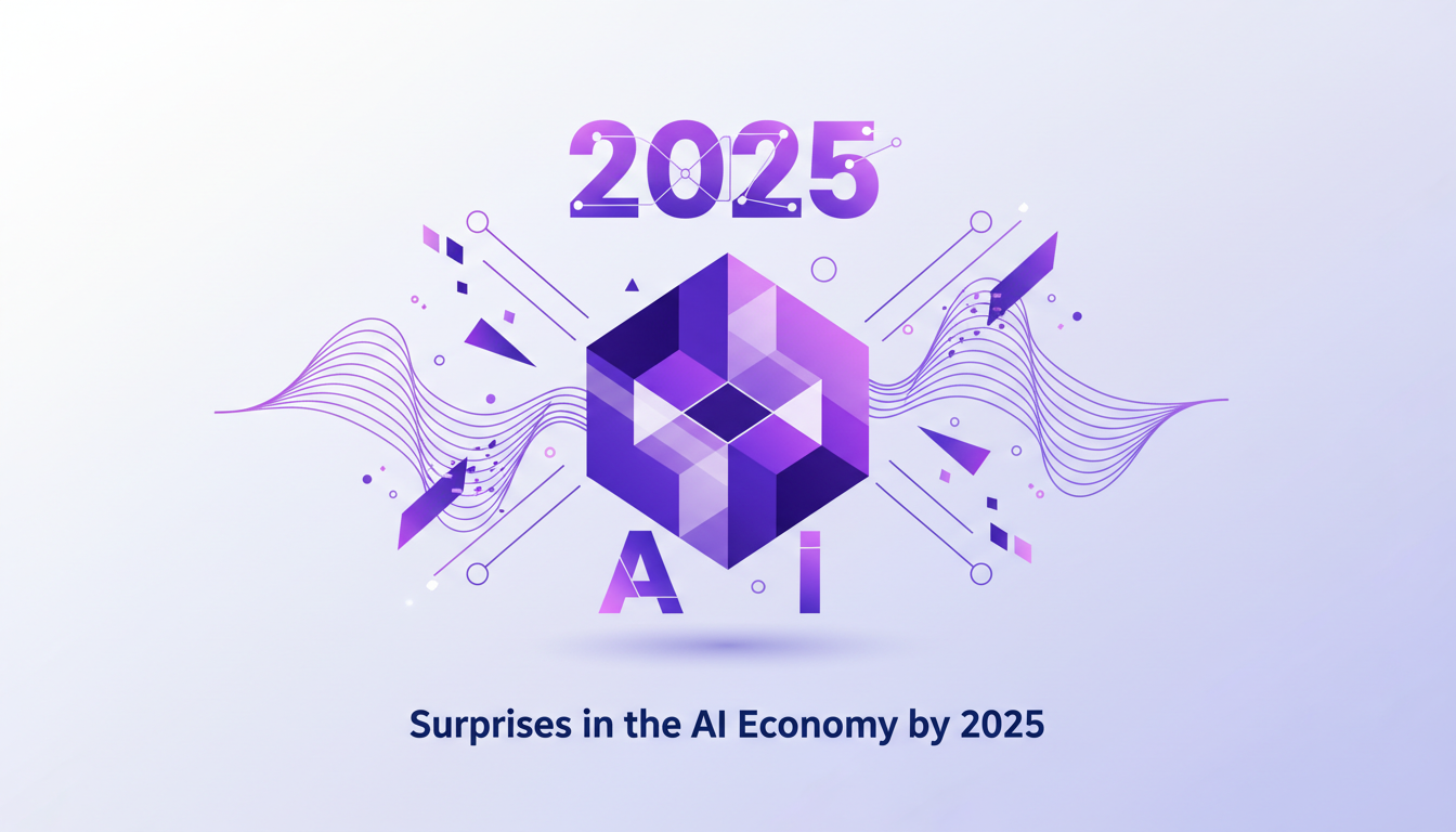Illustration moderne sur les surprises de l'économie IA en 2025, avec des formes géométriques et des dégradés indigo et violet.