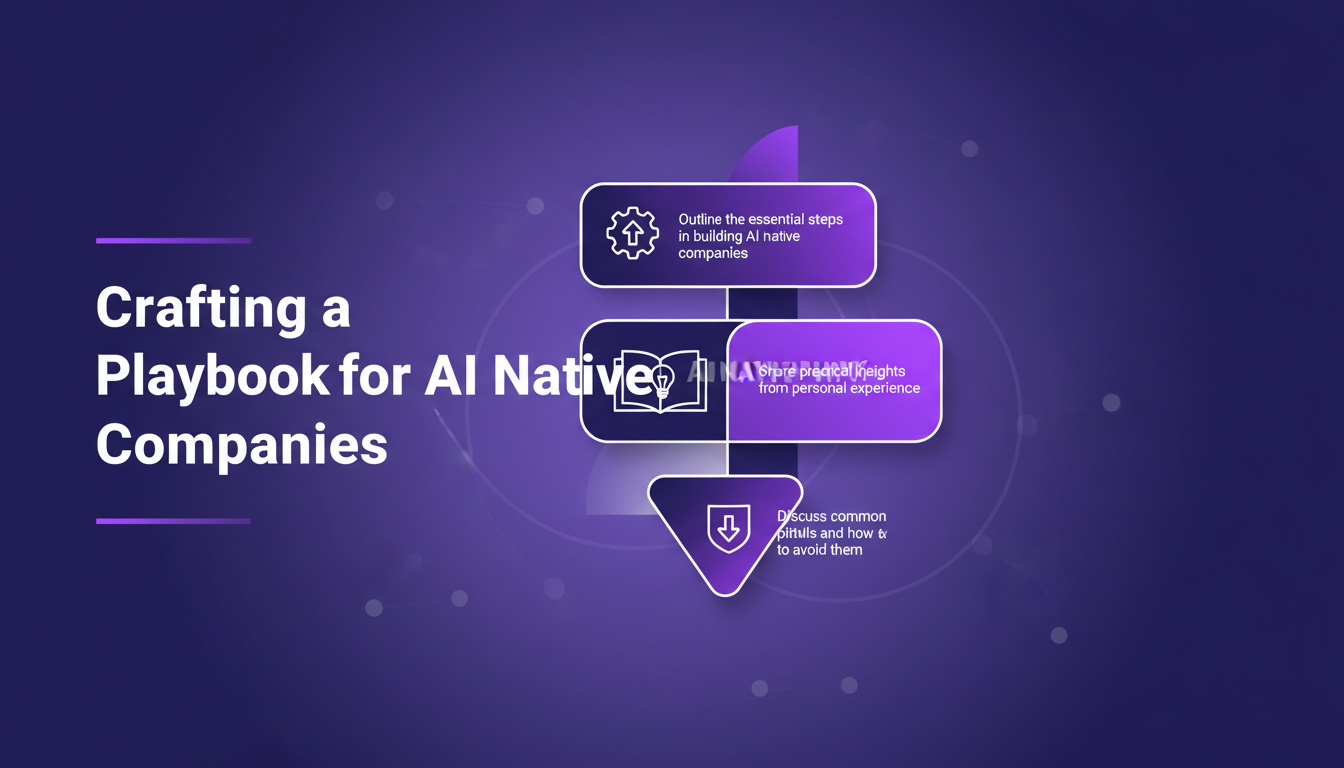 Illustration moderne représentant la création d'un playbook pour entreprises natives IA, avec formes géométriques et dégradés indigo et violet.