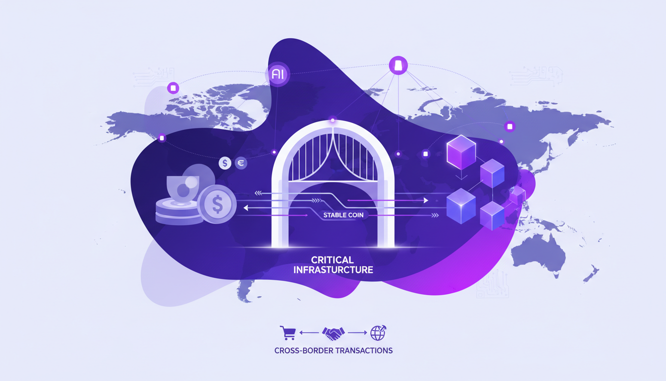 Modern minimalist illustration on global role of stablecoins, bridging fiat and crypto, real-world applications.