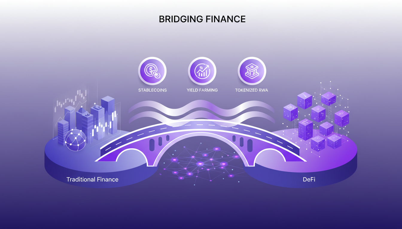 Modern illustration connecting DeFi and traditional finance with stable coins and tokenized assets, minimalist style, deep indigo and violet hues.