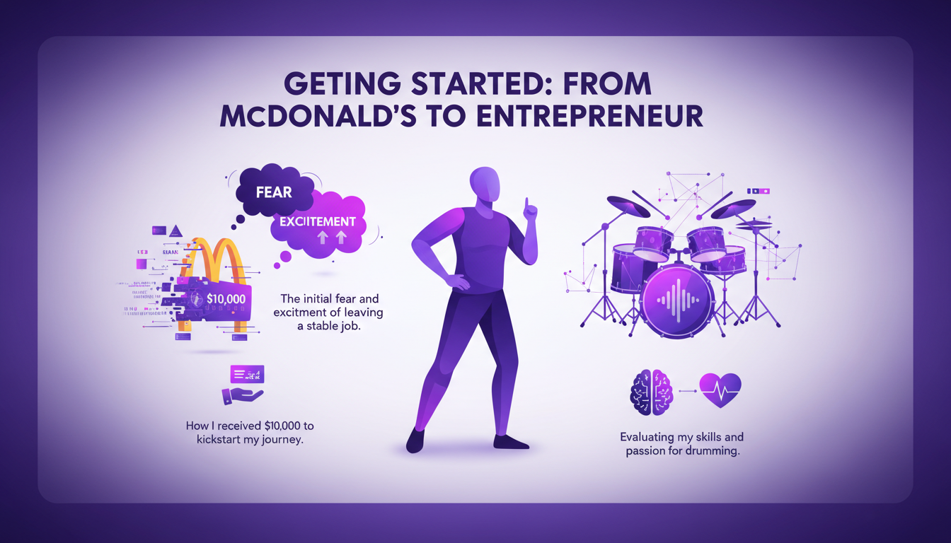 Modern illustration depicting the journey from McDonald's to entrepreneur with $10,000, exploring initial fear and passion for drumming.