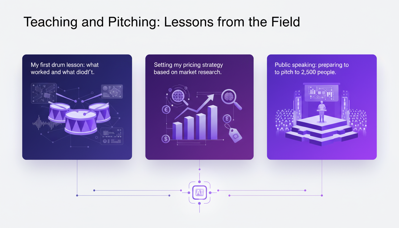 Modern illustration of teaching and pitching, key concepts: drum lessons, pricing strategy, public speaking to 2,500 people.