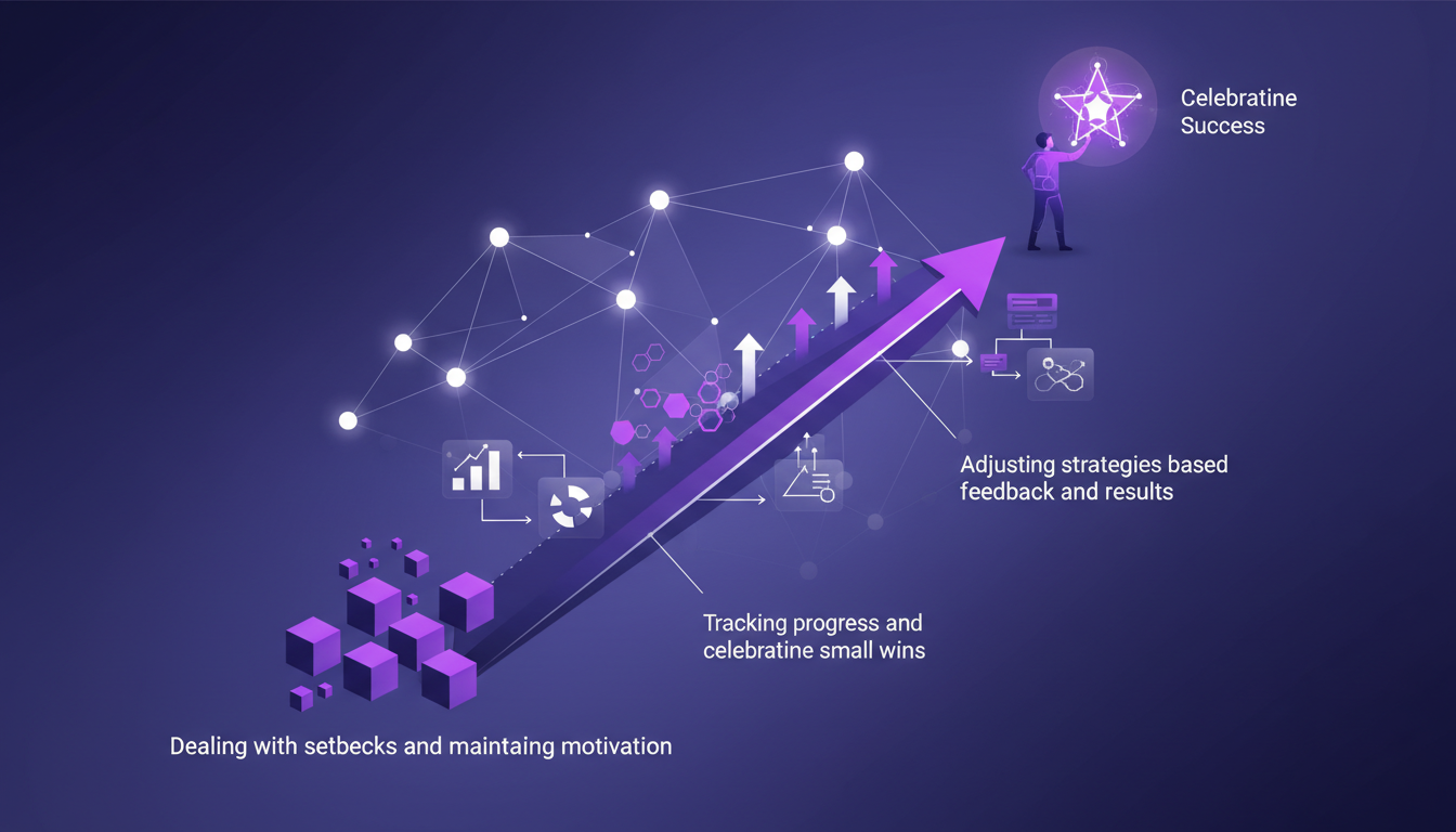 Modern illustration of overcoming challenges and celebrating success with geometric shapes and violet gradients, minimalist style.