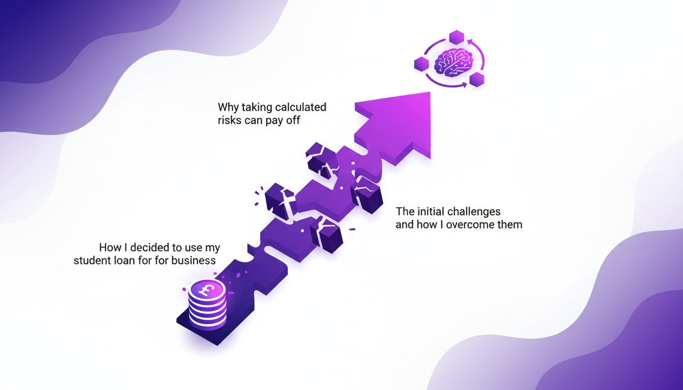Illustration moderne de l'utilisation d'un prêt étudiant pour lancer une entreprise, symbolisant innovation et prise de risque calculée.