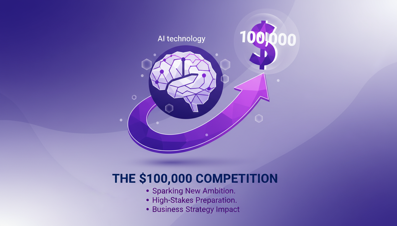 Illustration moderne minimaliste de la compétition à 100 000 $, symbolisant l'ambition et l'impact sur la stratégie d'affaires avec des éléments géométriques.