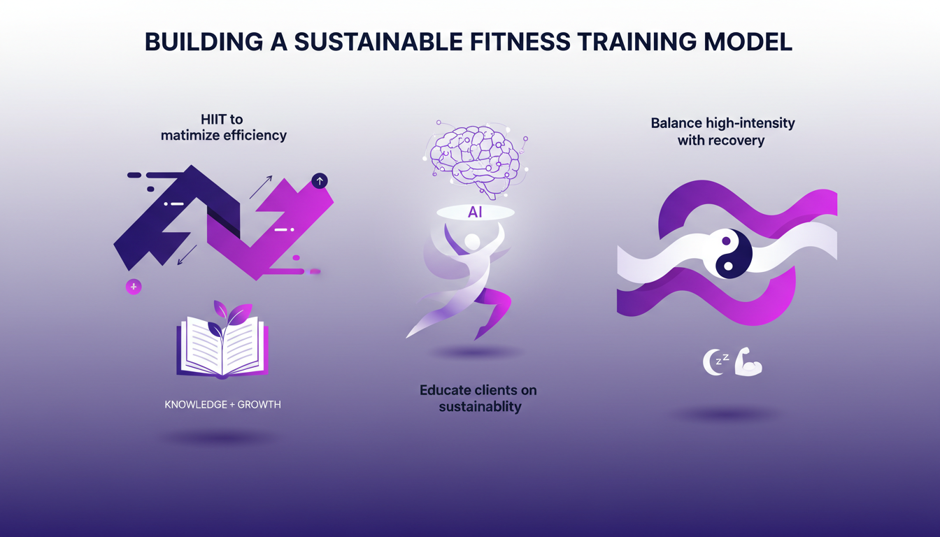 Illustration moderne d'un modèle d'entraînement durable, intégrant HIIT et récupération, avec des éléments géométriques et des dégradés violets.