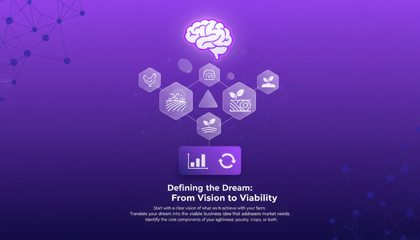Illustration moderne minimaliste représentant la transformation d'un rêve agricole en réalité viable avec IA, utilisant indigo et violet.