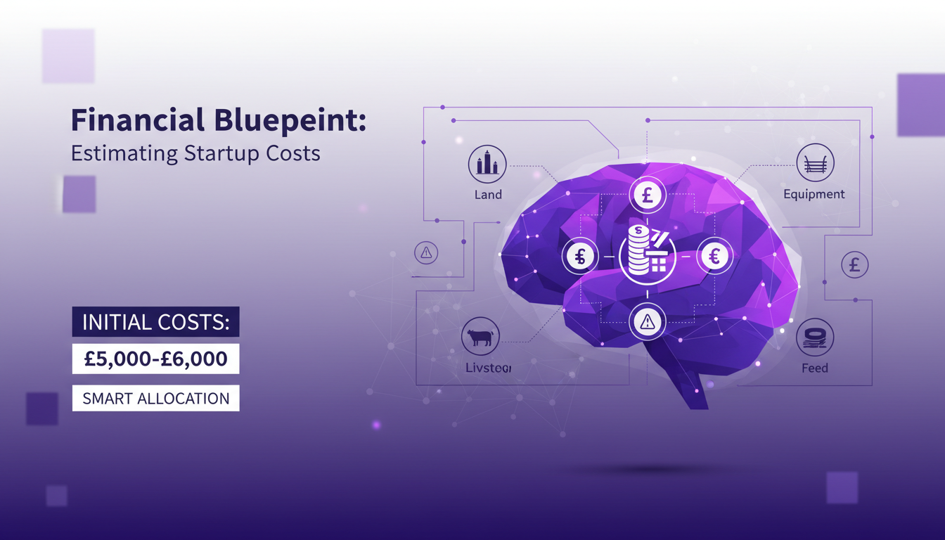 Illustration moderne représentant un plan financier pour estimer les coûts de démarrage d'une startup, avec des formes géométriques et des dégradés violets.
