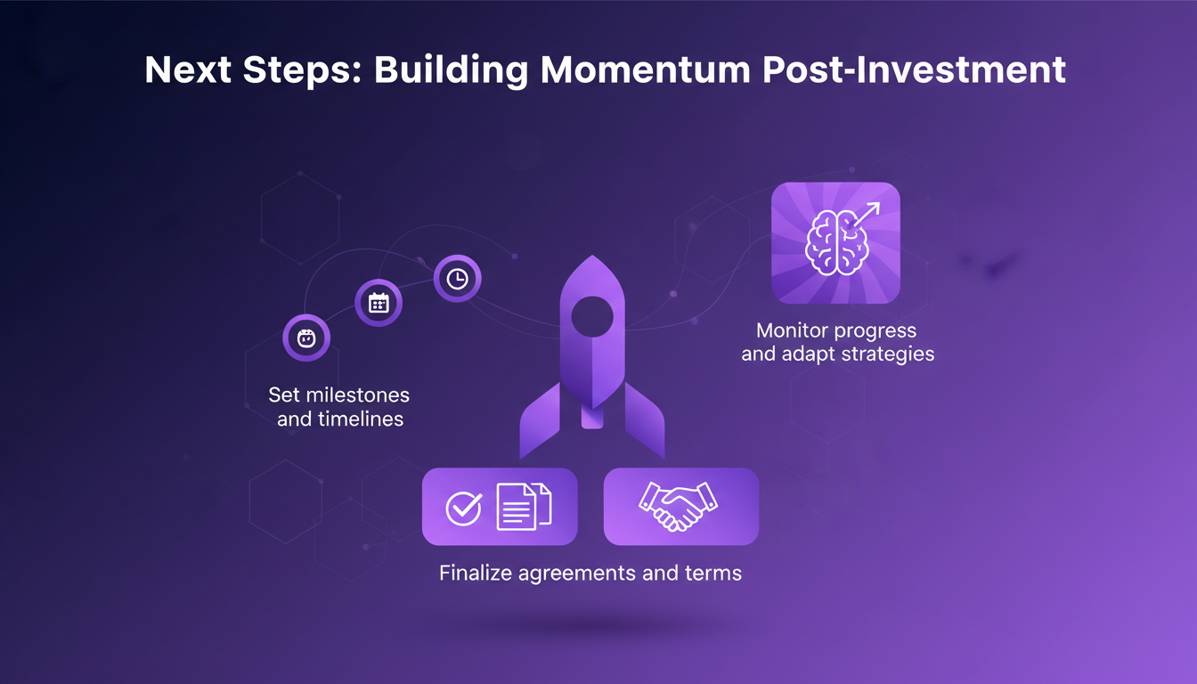 Illustration moderne représentant les prochaines étapes après un investissement, avec des formes géométriques et des dégradés indigo et violet.