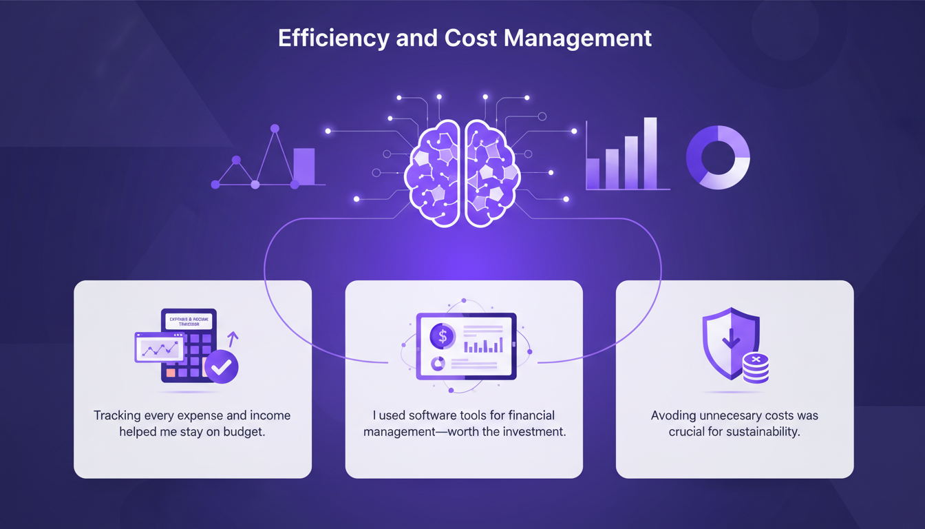 Illustration moderne de gestion financière avec outils logiciels, formes géométriques et dégradés indigo-violet.