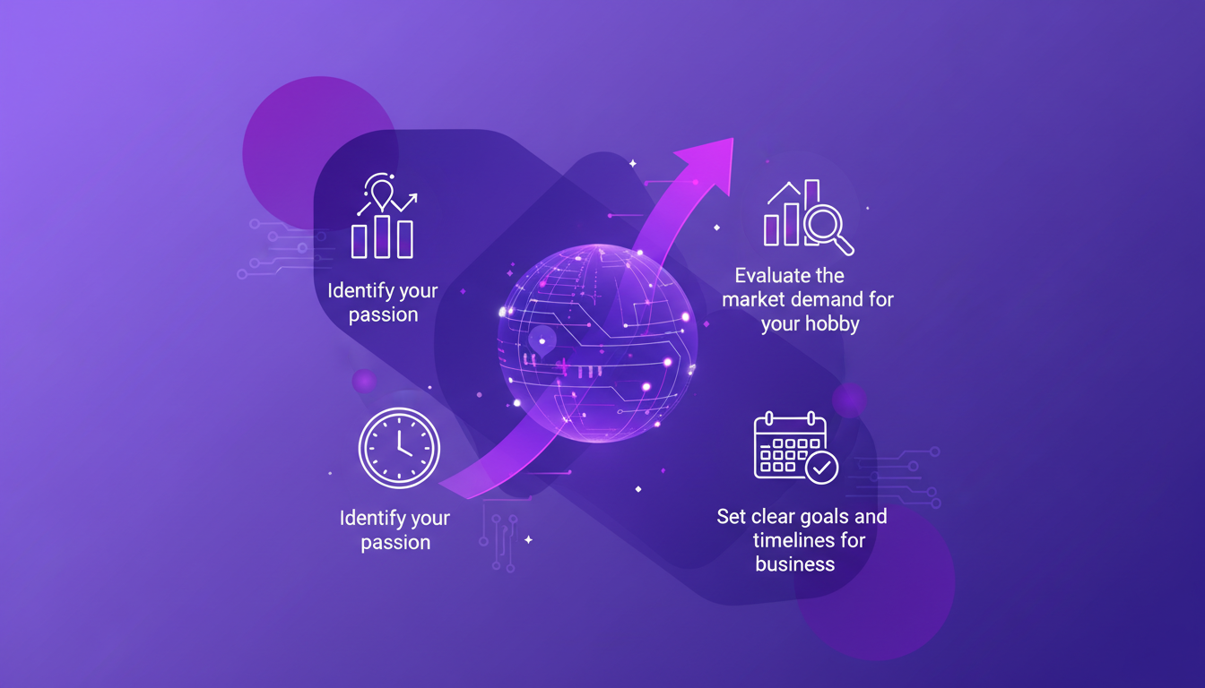 Modern illustration of starting a business from a hobby with geometric shapes and indigo and violet gradients.