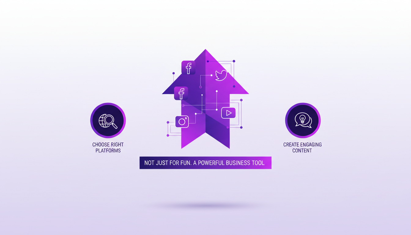 Modern illustration of business growth through social media, featuring geometric shapes and indigo and violet gradients.