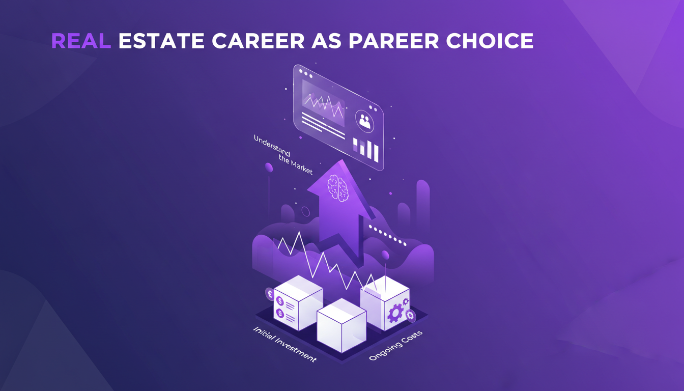 Modern illustration of evaluating real estate as a career choice, featuring geometric shapes and violet gradients.