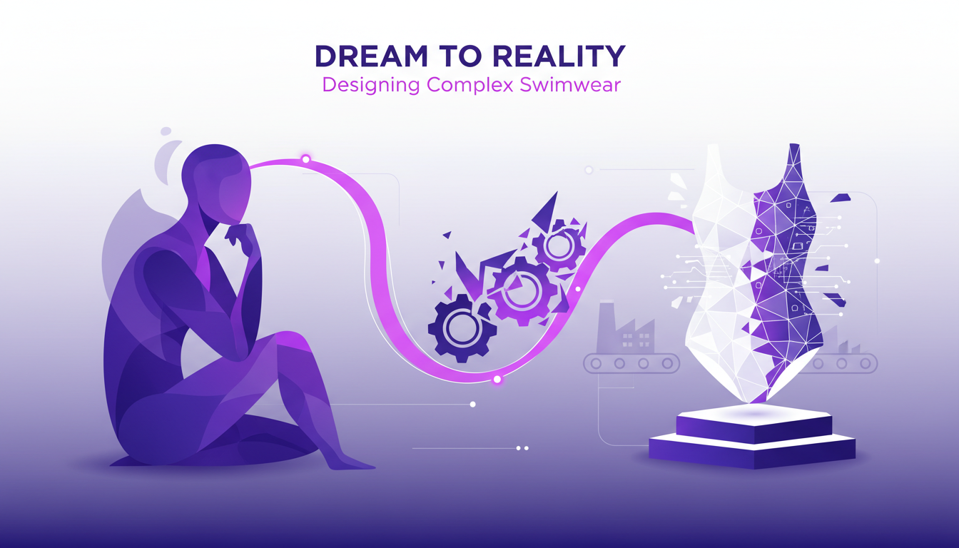 Illustration moderne de maillot de bain complexe, symbolisant la création innovante et les défis de fabrication, avec des formes géométriques et des dégradés violets.