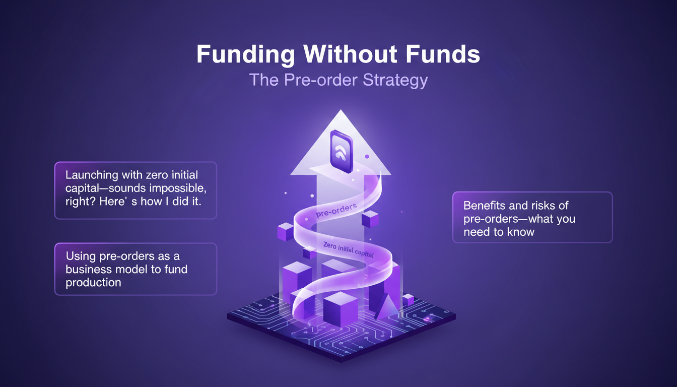 Illustration moderne sur la stratégie de précommande pour financer sans capital initial, avec des formes géométriques et des dégradés indigo.