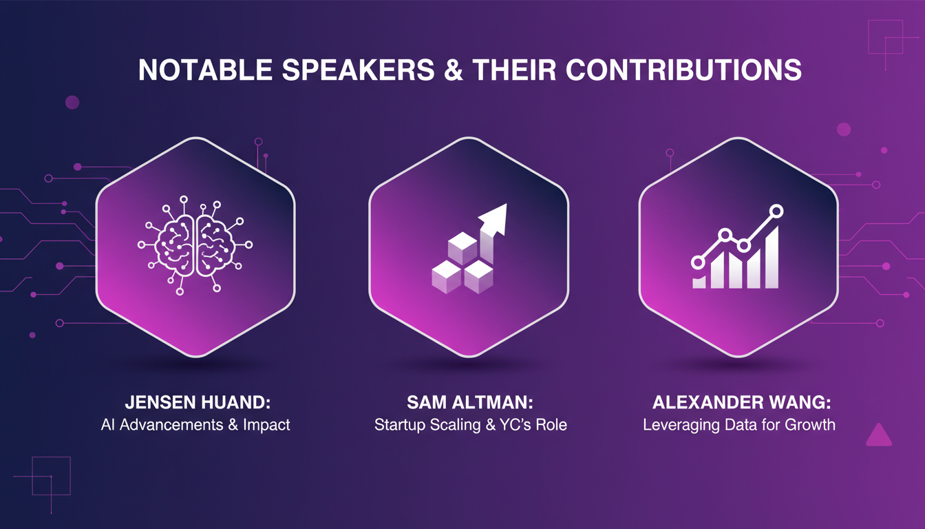 Illustration moderne de Jensen Huang sur l'IA, Sam Olman sur le scaling des startups, et Alexander Wang sur l'utilisation des données.