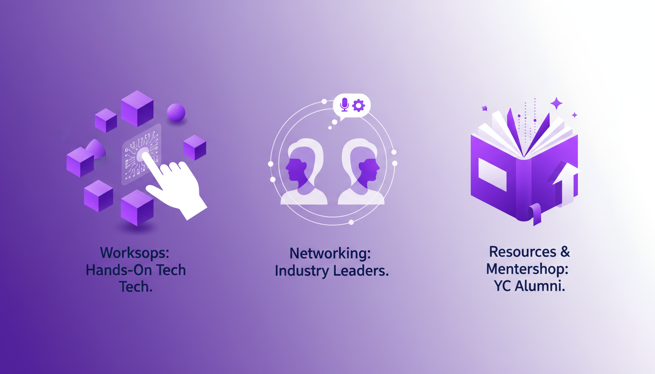 Illustration moderne d'opportunités pour les participants : ateliers tech innovants, sessions de réseautage, mentorat d'alumni YC.