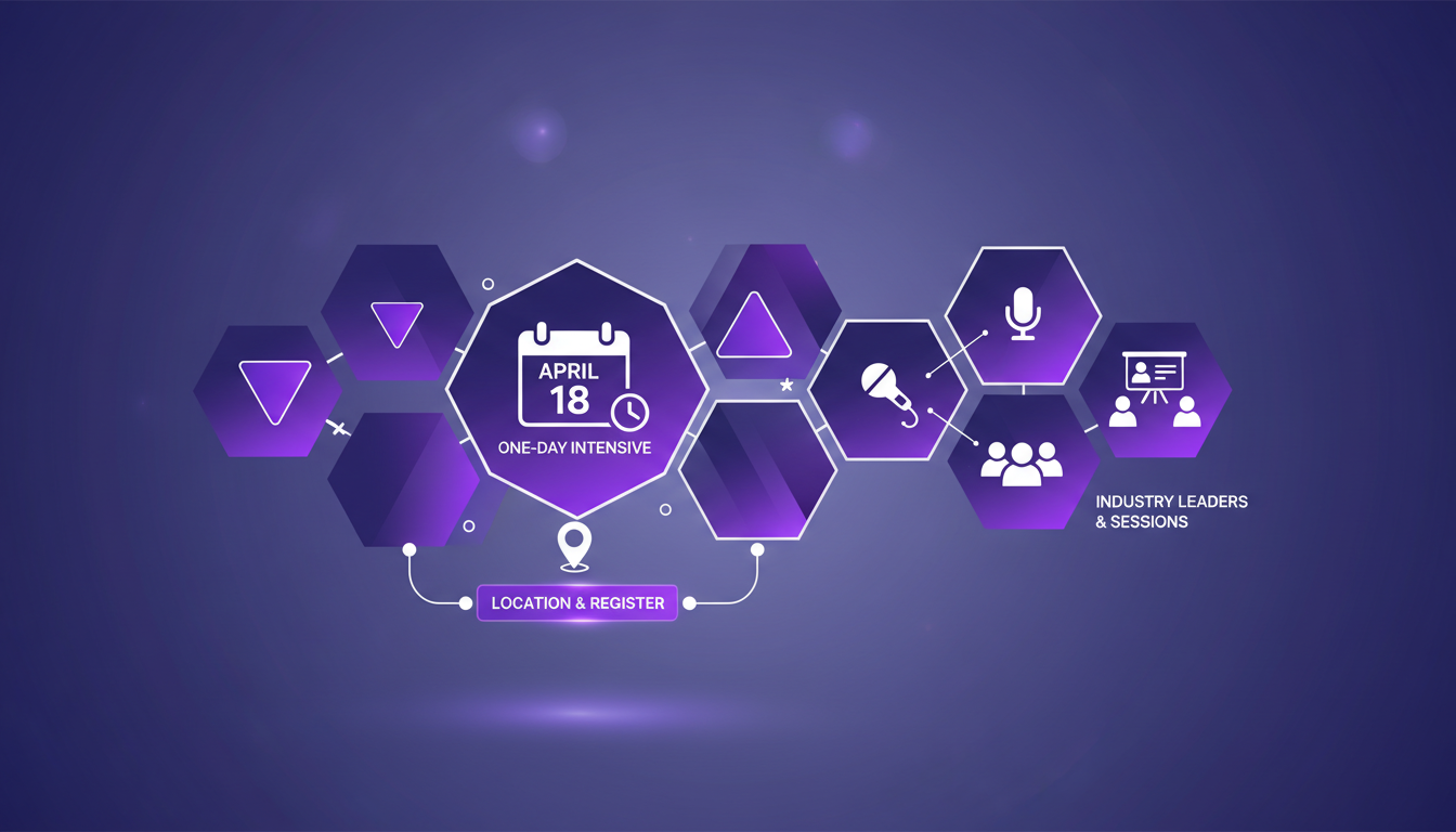 Illustration moderne de détails d'événement AI avec formes géométriques, couleurs indigo et violet, pour un blog professionnel.