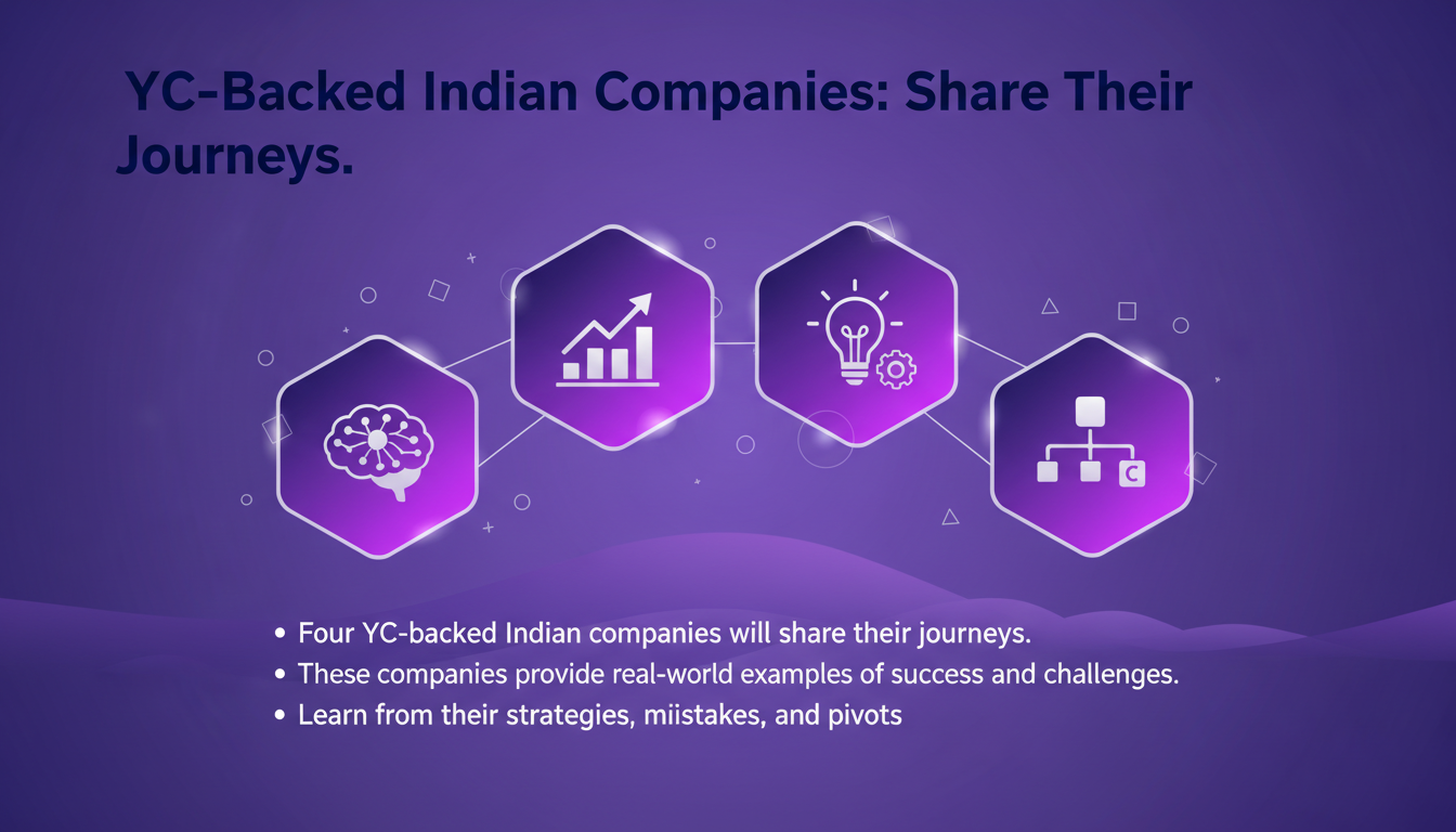 Illustration moderne et minimaliste d'entreprises indiennes soutenues par YC, représentant le succès et les défis de quatre sociétés.