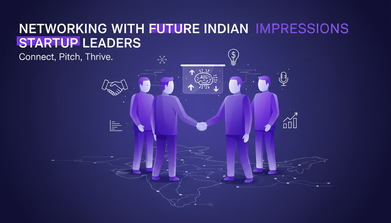 Illustration moderne de réseautage avec leaders indiens start-up, technologie IA, minimaliste, indigo et violet, lignes épurées.