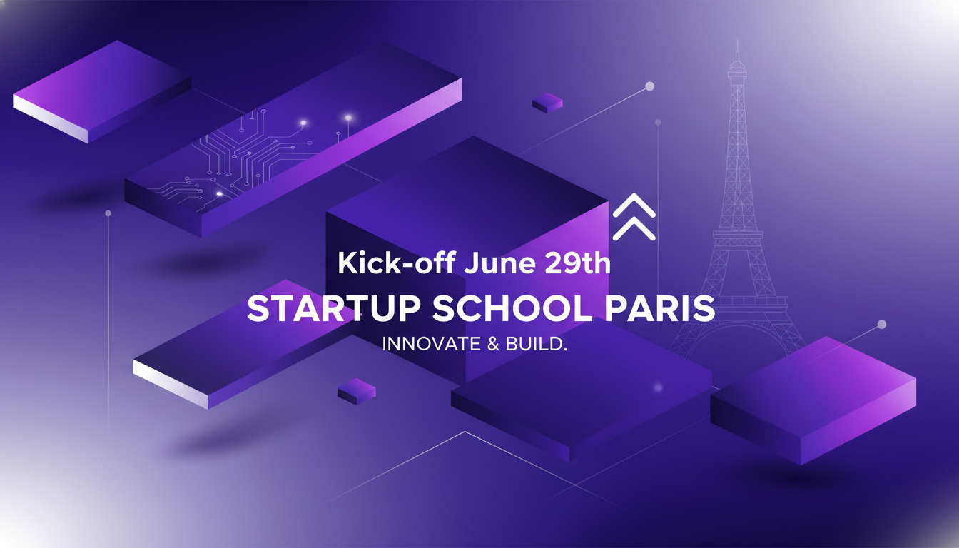 Modern illustration of Startup School Paris kickoff on June 29, showcasing tech companies sharing ideas, in indigo and violet hues.