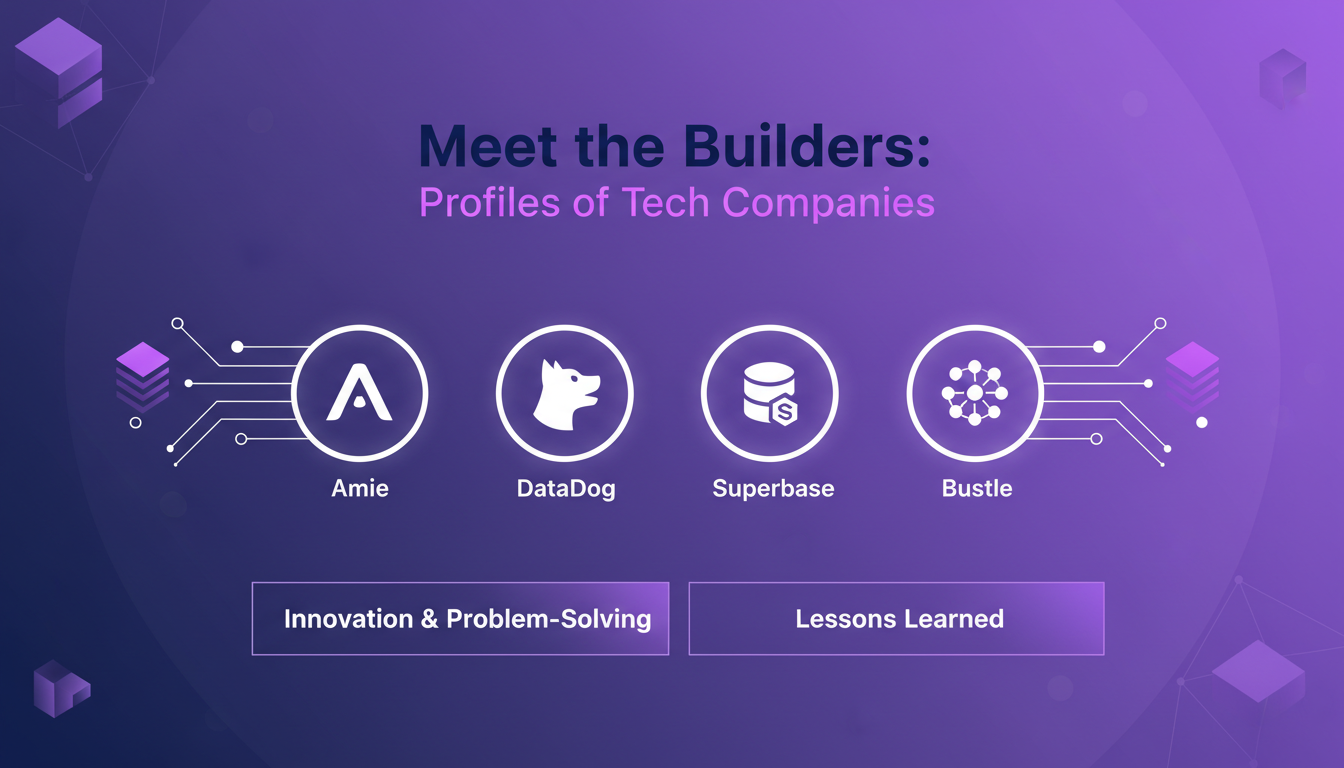 Modern illustration of tech company profiles like Amie, DataDog, Superbase, Bustle, highlighting innovation and problem-solving in a minimalist style.