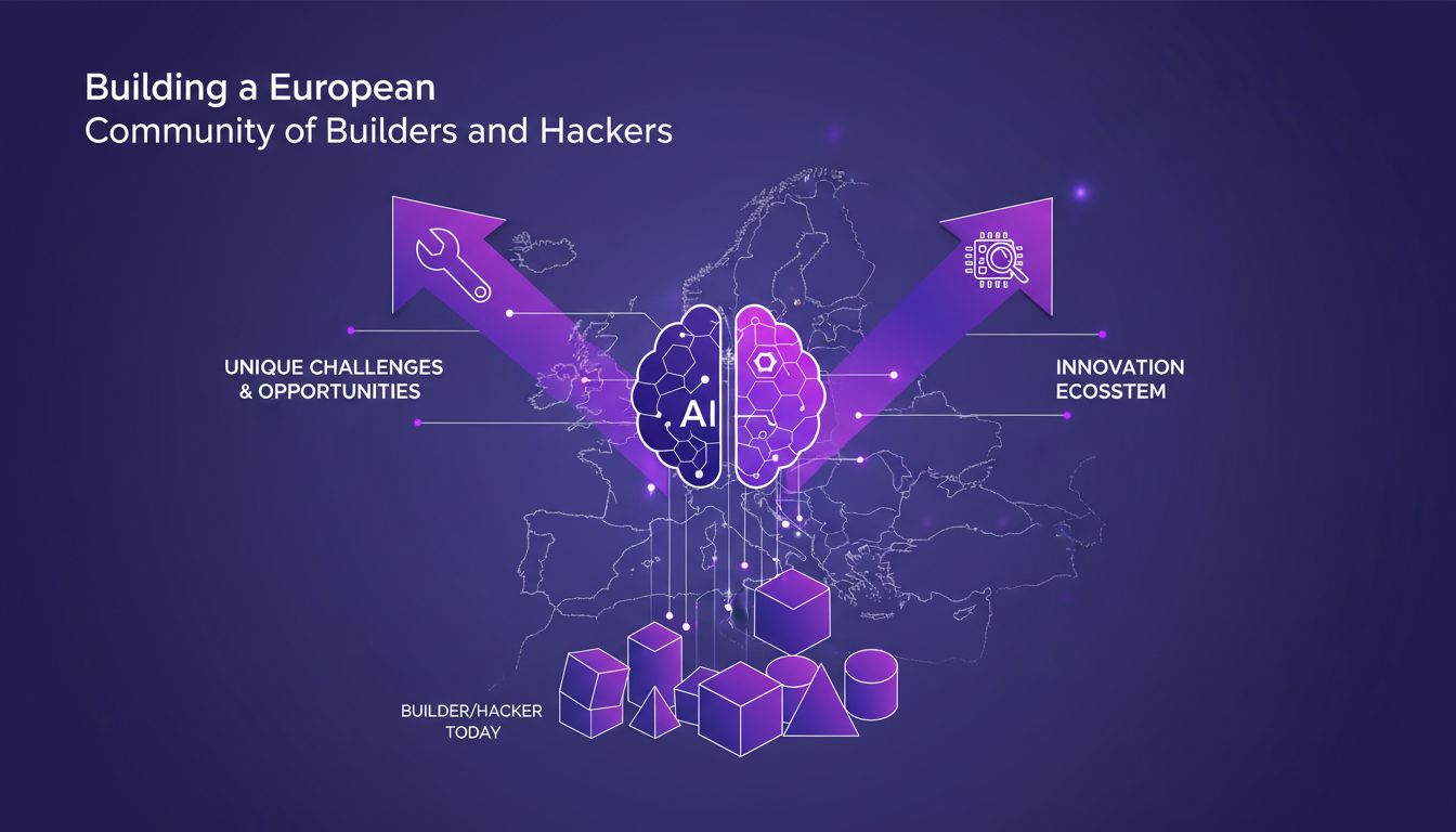Modern illustration of European builders and hackers, minimalist style, indigo and violet colors, symbolizing innovation and community.
